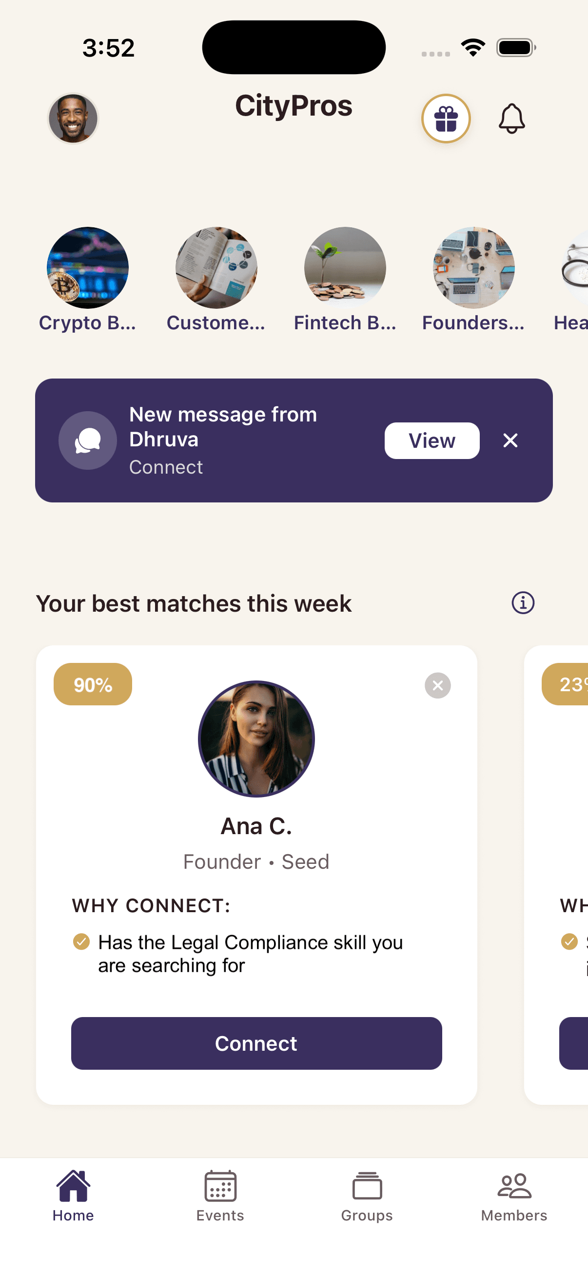 CityPros home screen showing weekly matches
