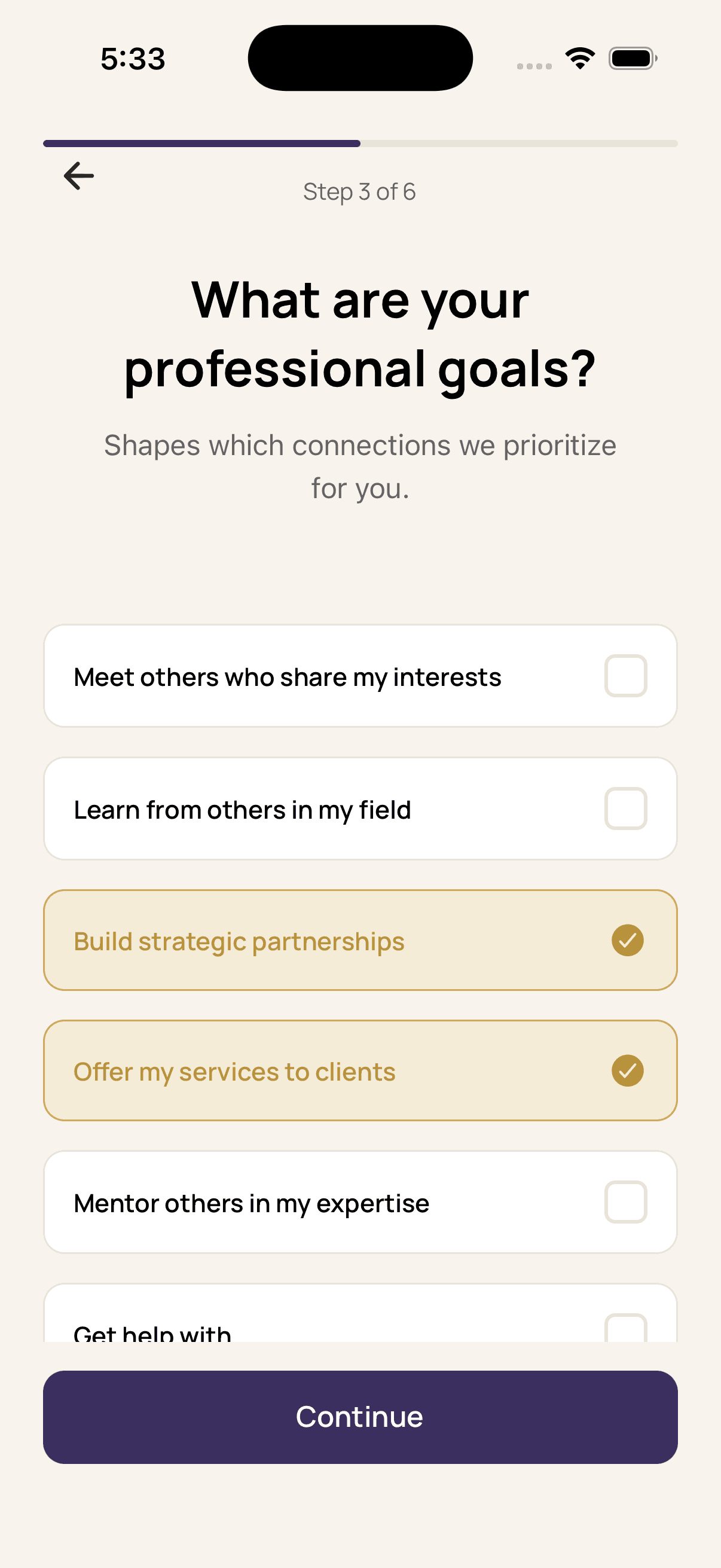 The CityPros onboarding step asking what your professional goals are, with options such as building strategic partnerships and offering your services to clients.