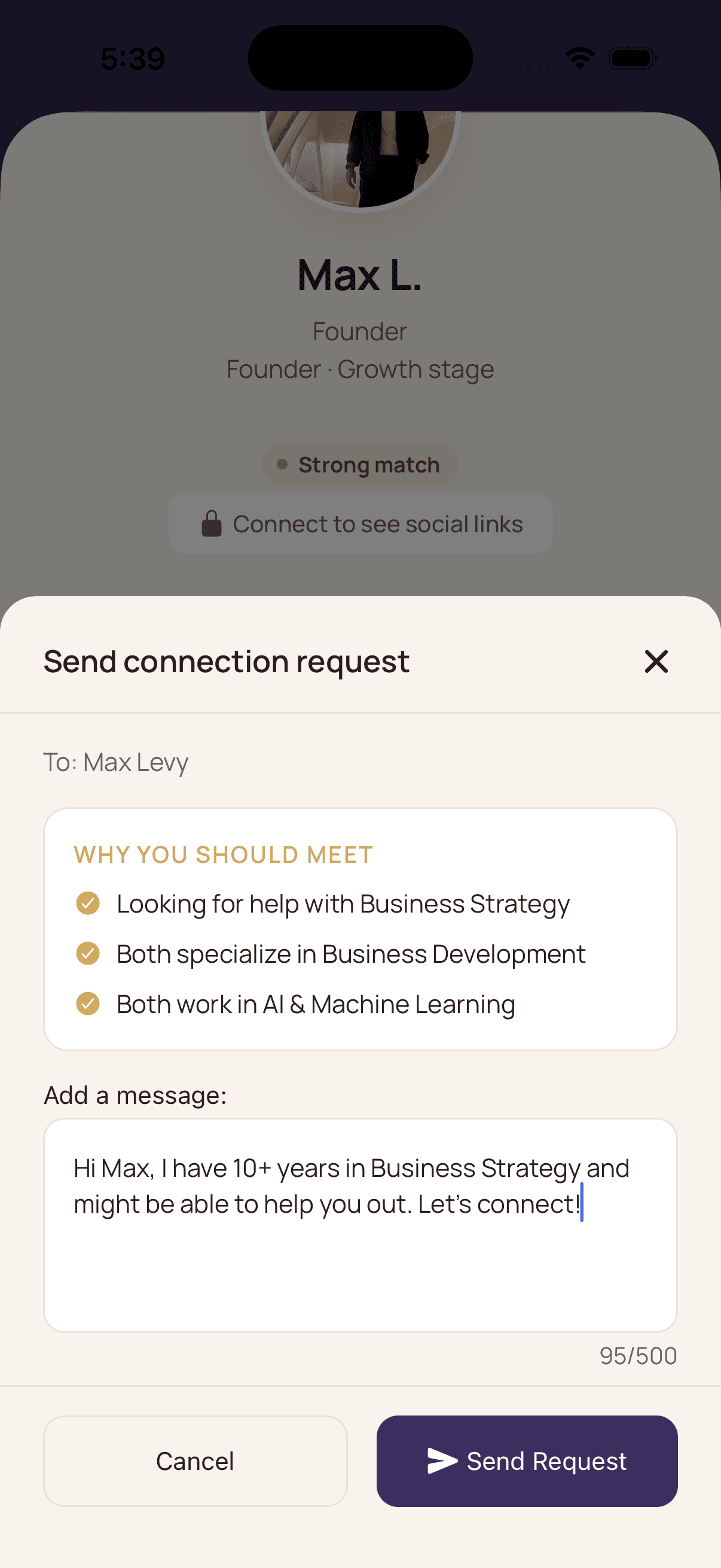 A CityPros connection request, showing why you should meet: a skill the other person asked for, a shared specialization, and a shared field, above a short note.