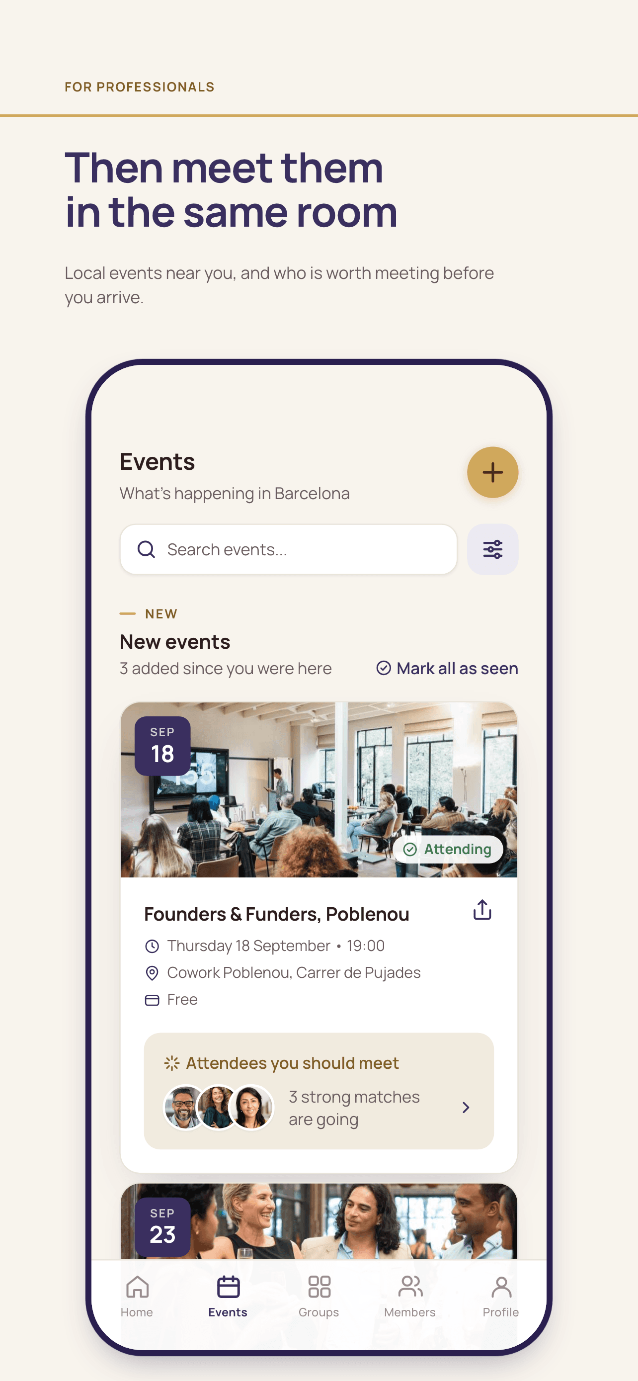 The CityPros events screen, showing local events with dates, hosts and who else is going.