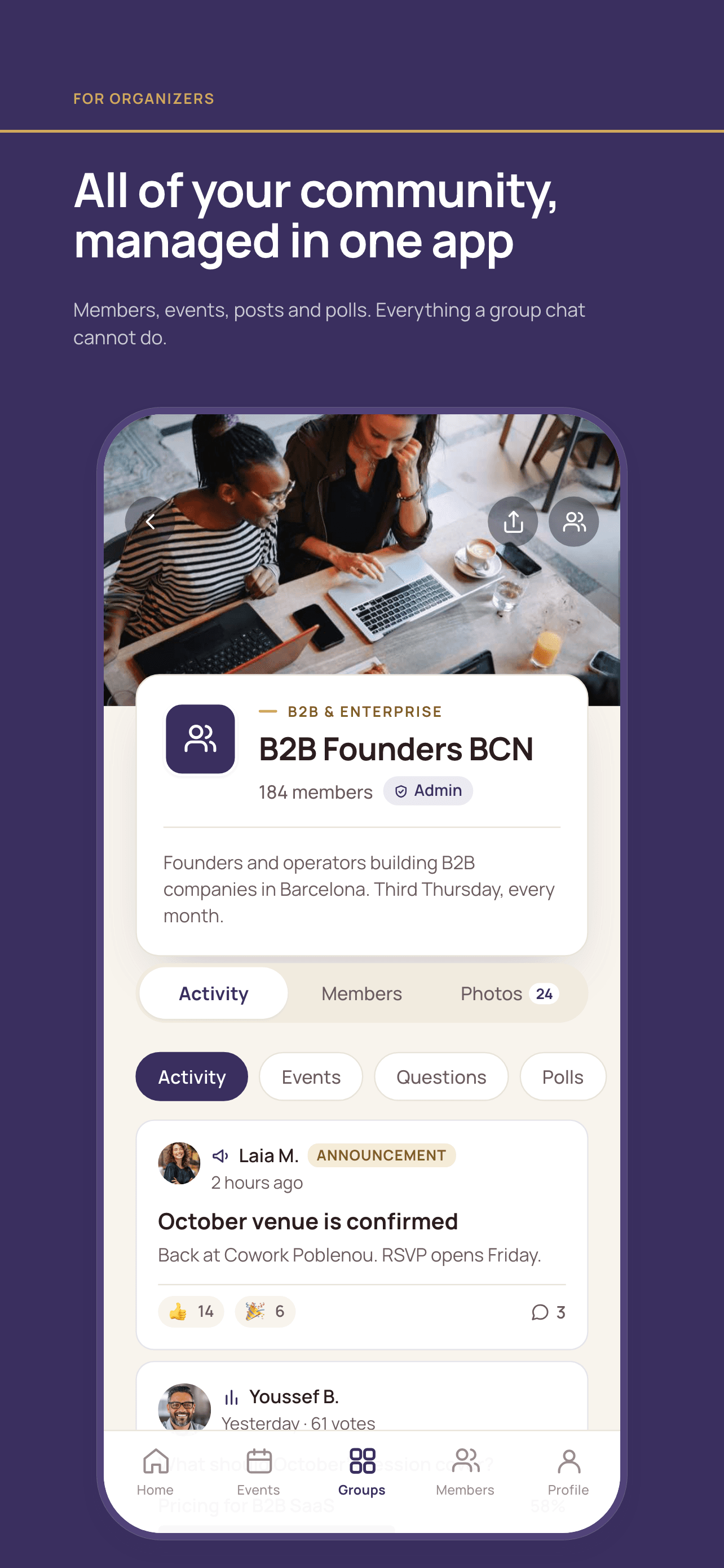 A CityPros community screen, showing the group's activity feed with an announcement, a poll, and tabs for members and photos.